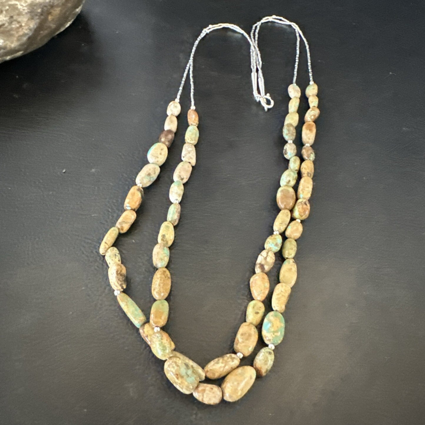 Only One Sterling Silver Heishi Green Turquoise 2 Strands Bead Necklace 18823