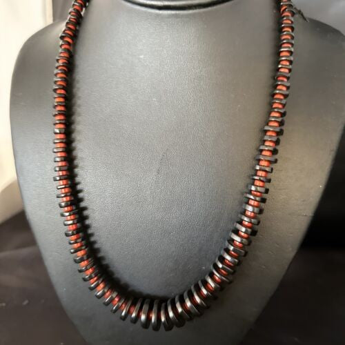 Navajo Bamboo Coral Black Onyx Necklace 20" | Sterling Silver | Authentic Native American Handmade | 14432