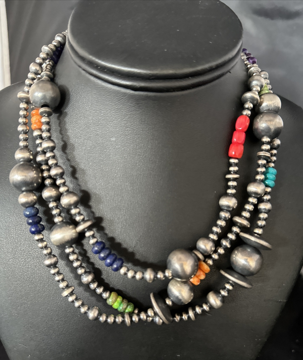 Turquoise Coral Spiny Oyster Navajo Pearls Bead Necklace 48" | Sterling Silver | Authentic Native American Handmade