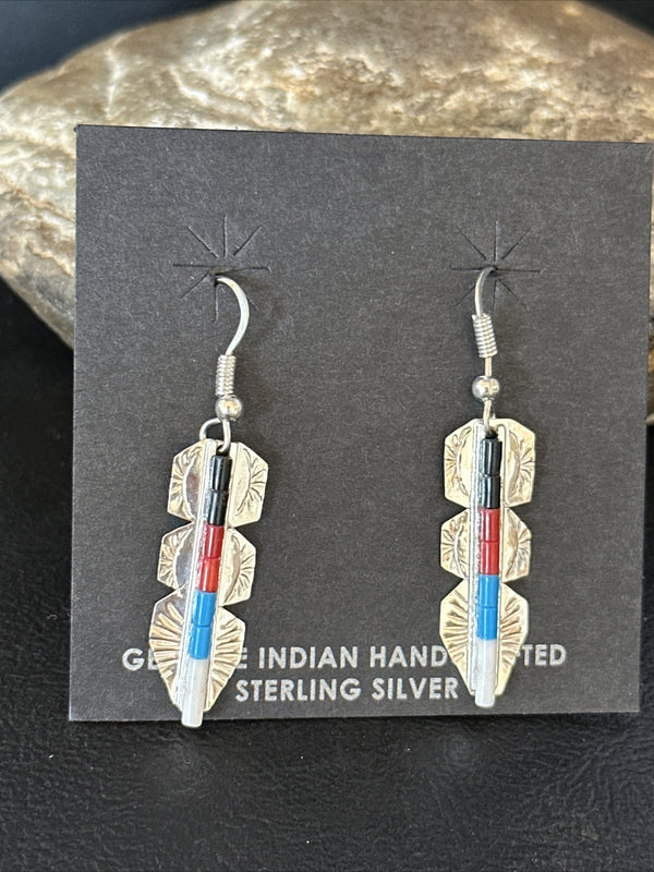 Lapis, Opal, Coral Navajo Inlay Earrings 1.5" | Sterling Silver | Authentic Native American Handmade | 14770