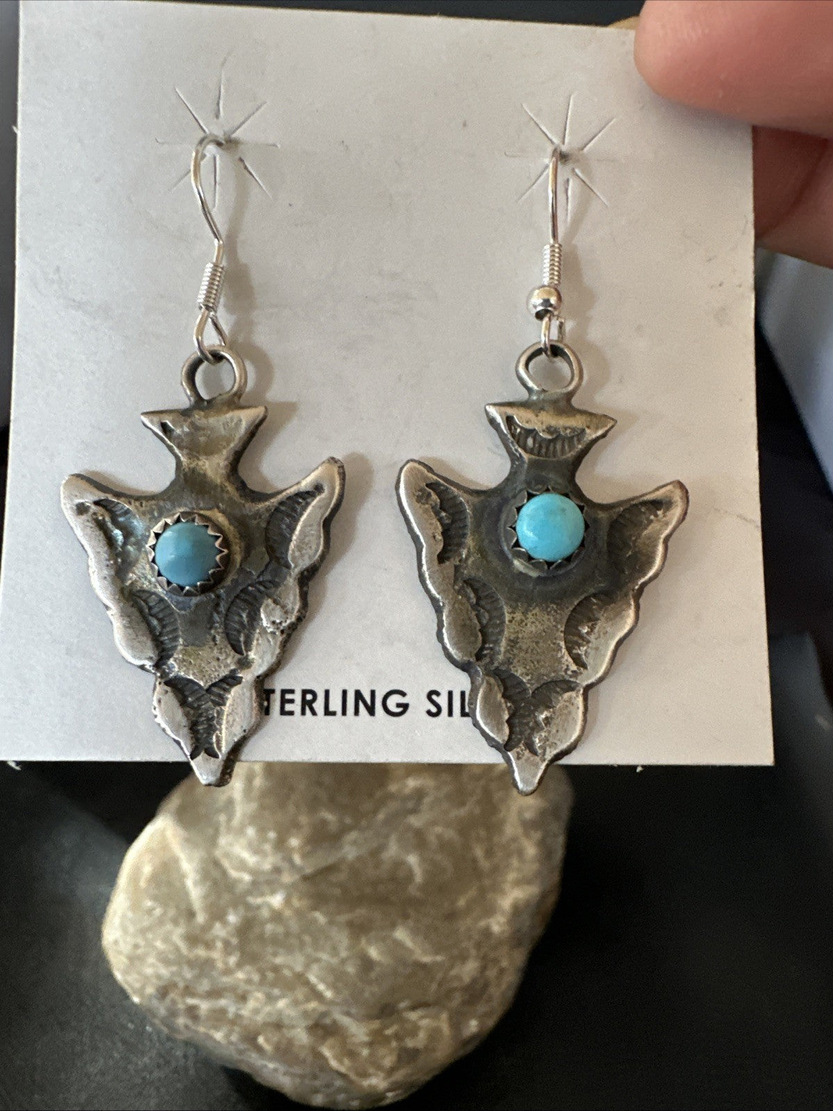 Arrowhead Womens Stamped Blue Turquoise Dangle Earrings Sterling Silver 19786