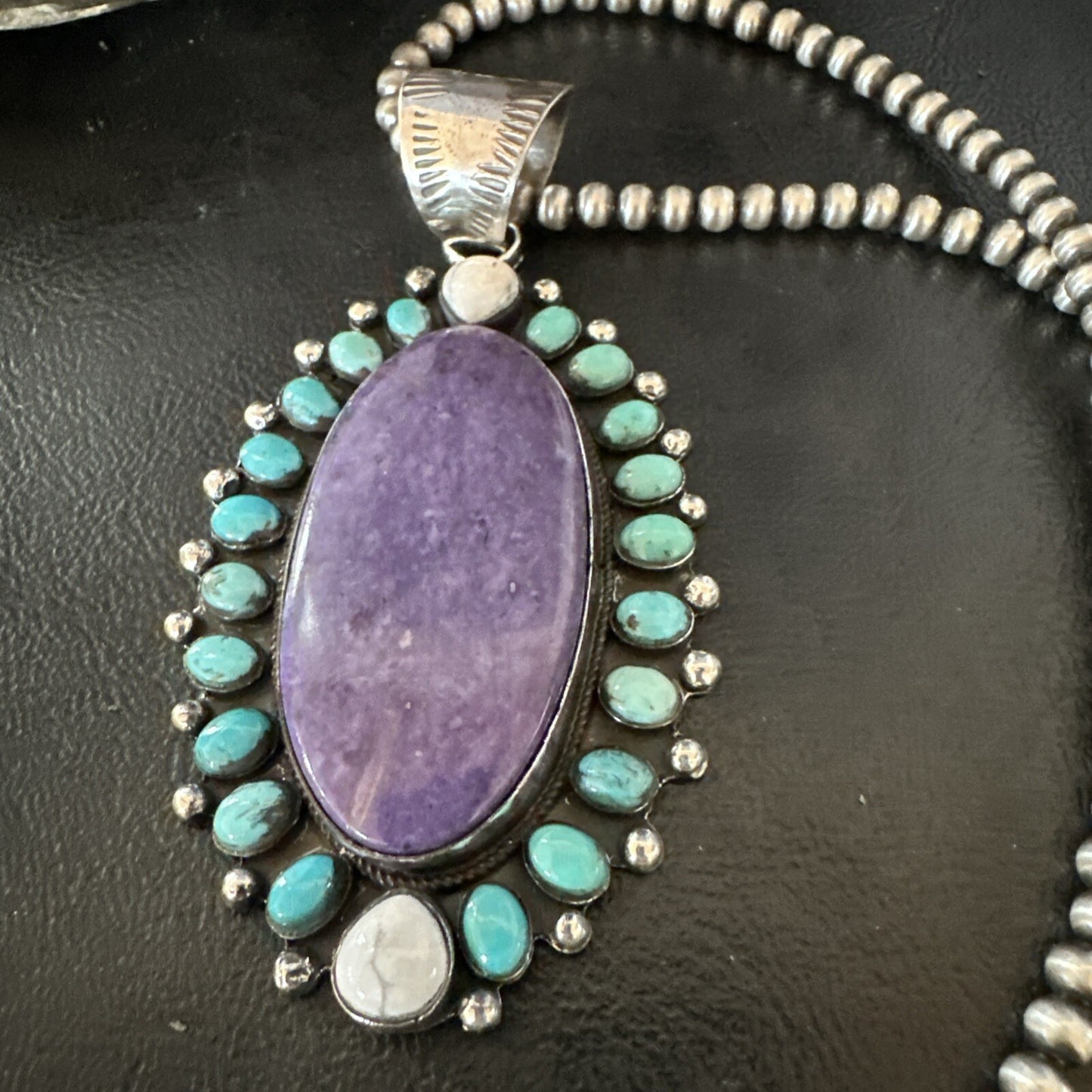 Purple Charoite Turquoise Navajo Sterling Silver Cluster Pendant 3.75" 18651