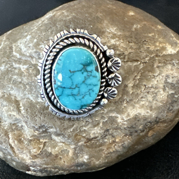Yazzie Handmade Navajo Blue Kingman Turquoise Ring Size 8 | Sterling Silver | Authentic Native American Handmade | 19628