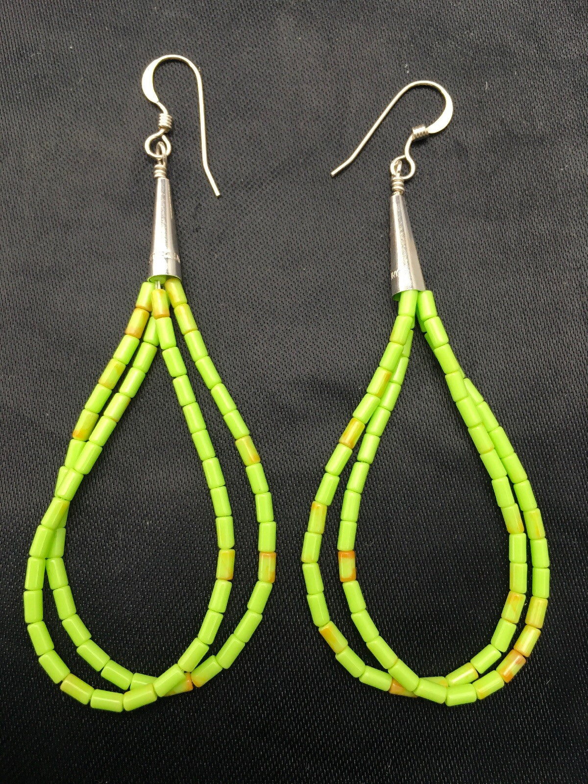 Gift Liquid Silver Heishi Dangle Green Gaspeite Sterling 2S Earrings 2.5” 4370