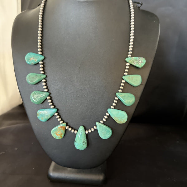 Blue Turquoise Teardrop Navajo Pearls Necklace | Sterling Silver | Authentic Native American Handmade | 14387