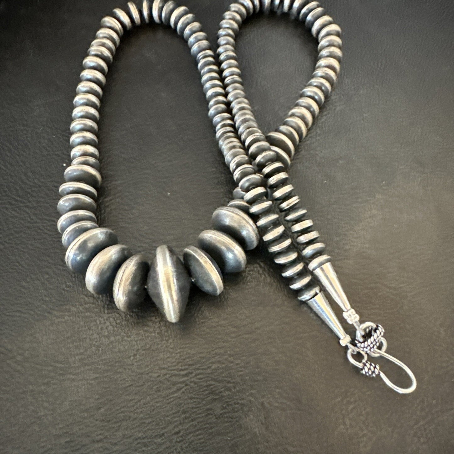 Graduated Rondelle Flat Sterling Silver Beads Necklace 21” 18830