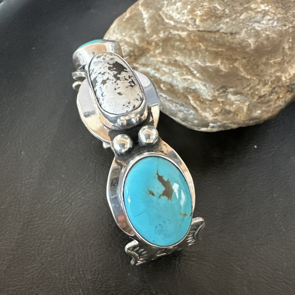 Men's White Buffalo Blue Turquoise Navajo Cuff Bracelet | Sterling Silver | Authentic Native American Handmade | 19504