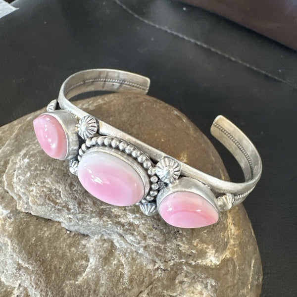 Navajo Pink Conch 3 Stone Cuff Bracelet | Sterling Silver | Authentic Native American Handmade | 18851