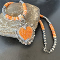 Orange Spiny Oyster Heart Pendant Navajo Necklace Halloween16 | Sterling Silver | Authentic Native American Handmade | 293