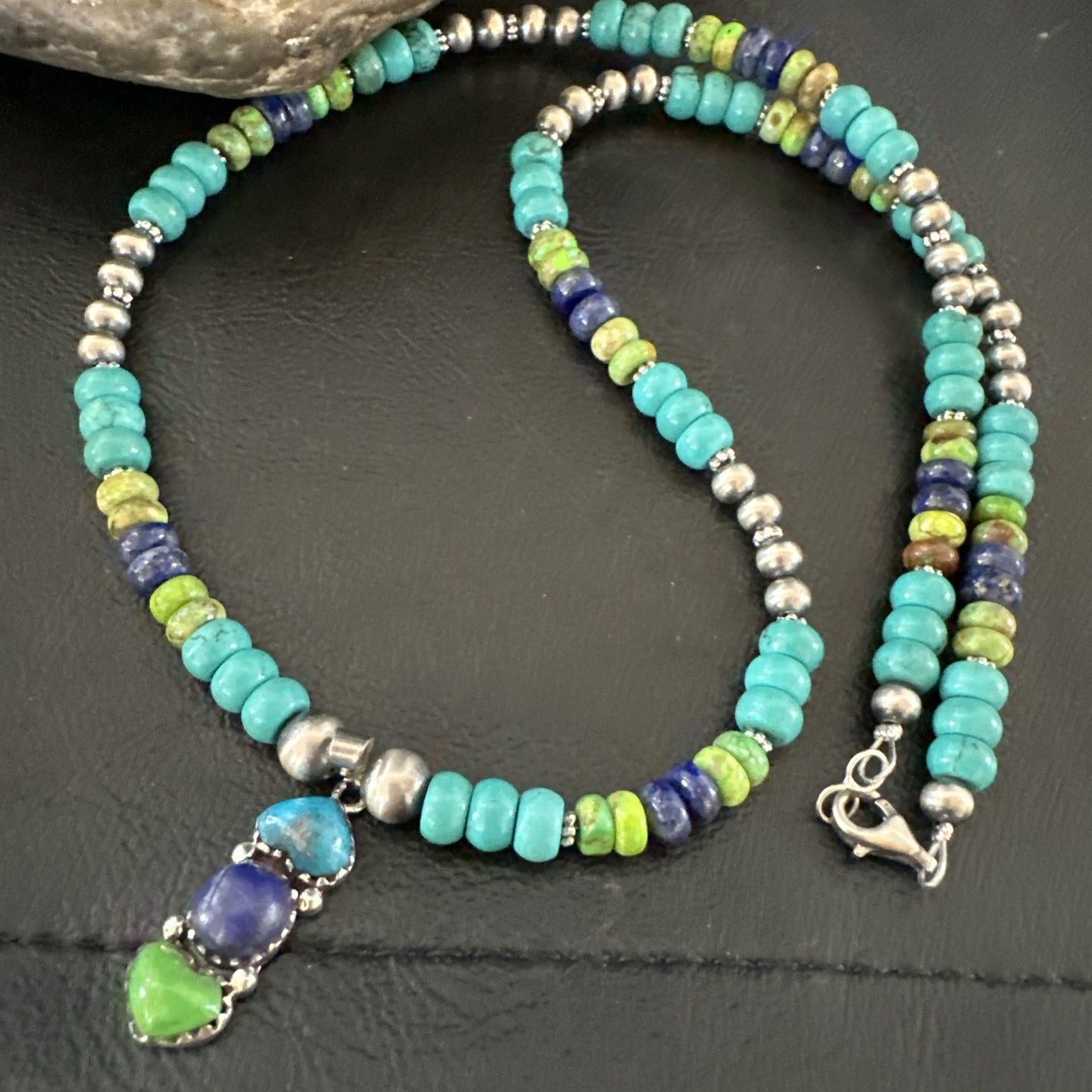 Blue Lapis Green Turquoise Cluster Pendant Navajo Sterling Silver Necklace 19659