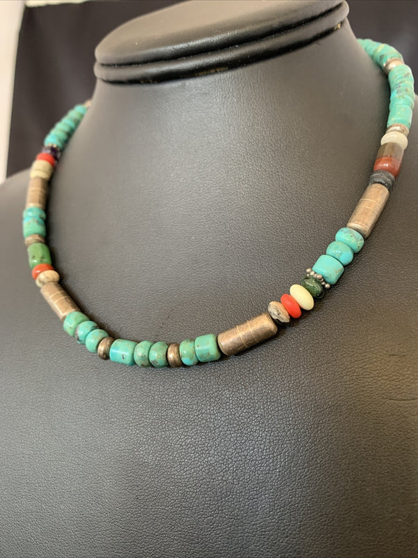 Turquoise Spiny Oyster Coral Beads Gold Necklace | Sterling Silver | Authentic Native American Handmade | 10396