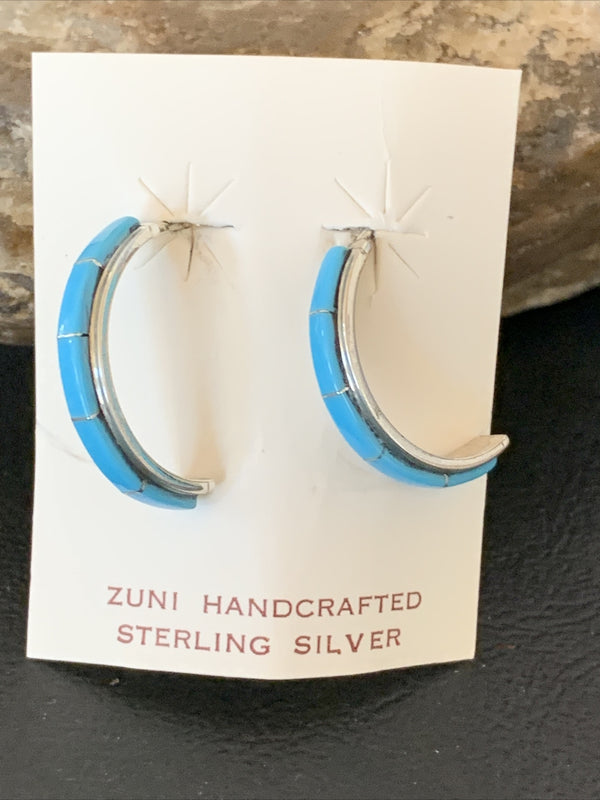 Sleeping Beauty Turquoise Zuni Inlay Earrings | Sterling Silver | Authentic Native American Handmade | 1610