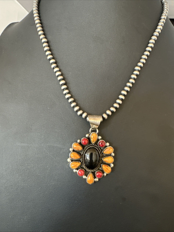 Onyx Coral Orange Spiny Navajo Cluster Pendant Necklace | Sterling Silver | Authentic Native American Handmade | 19566