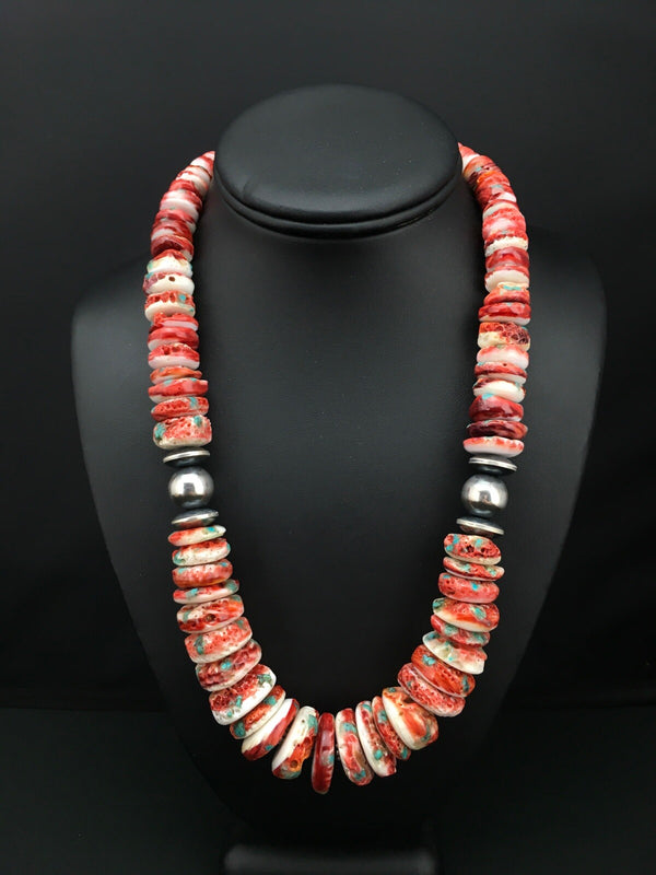 Spiny Oyster Graduated Navajo Necklace 21" | Sterling Silver | Authentic Native American Handmade | 04719