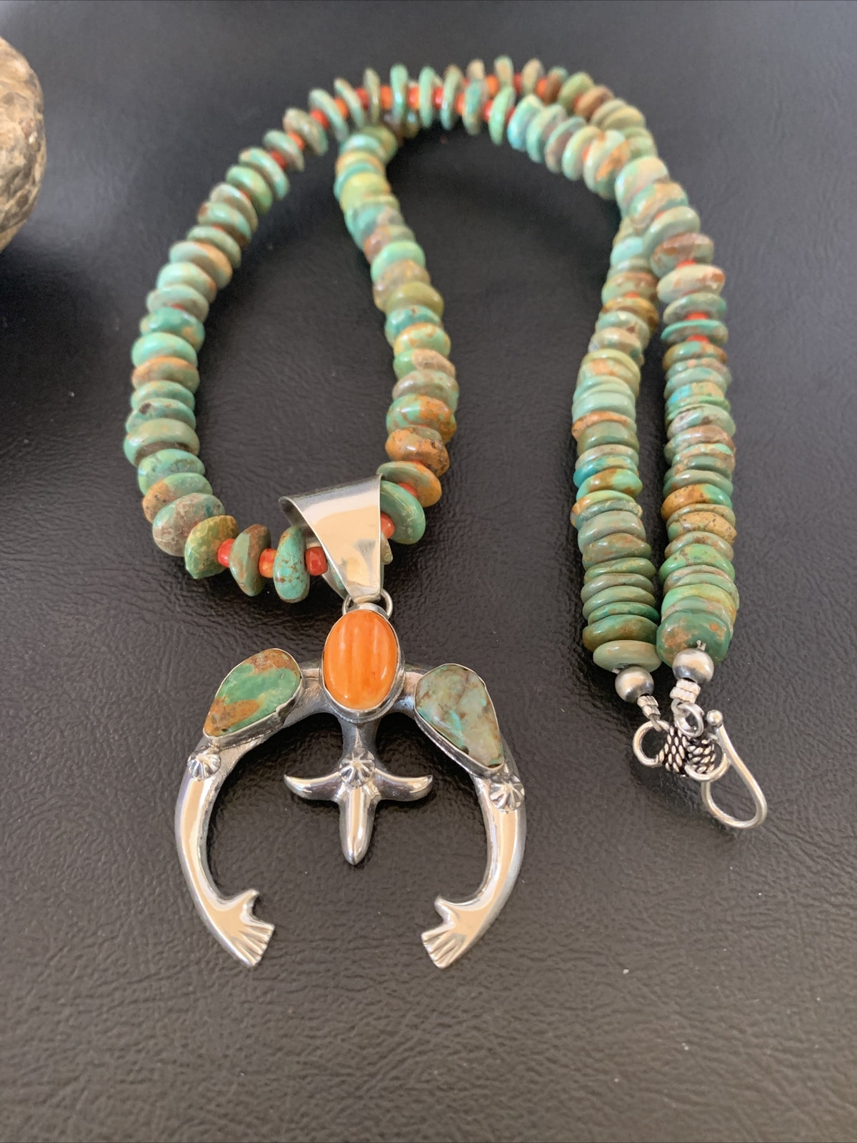 Blue Turquoise Spiny Oyster Naja Pendant Navajo Sterling Silver Necklace 10255