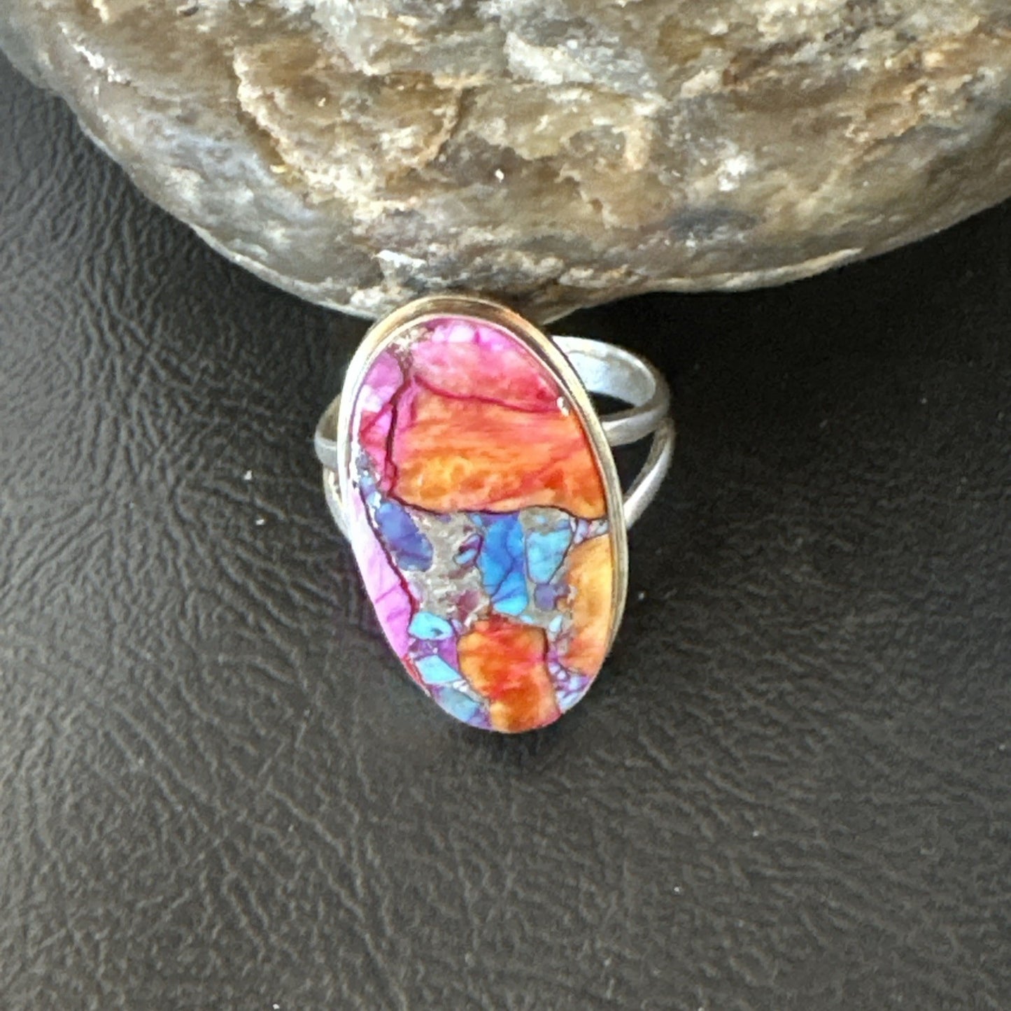 Blue Turquoise Spiny Oyster Southwestern Sterling Silver Ring Size 10 19057