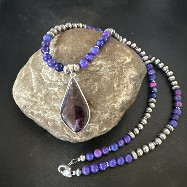 Purple Stone Pendant Navajo Pearls Necklace 23" | Sterling Silver | Authentic Native American Handmade | 17892