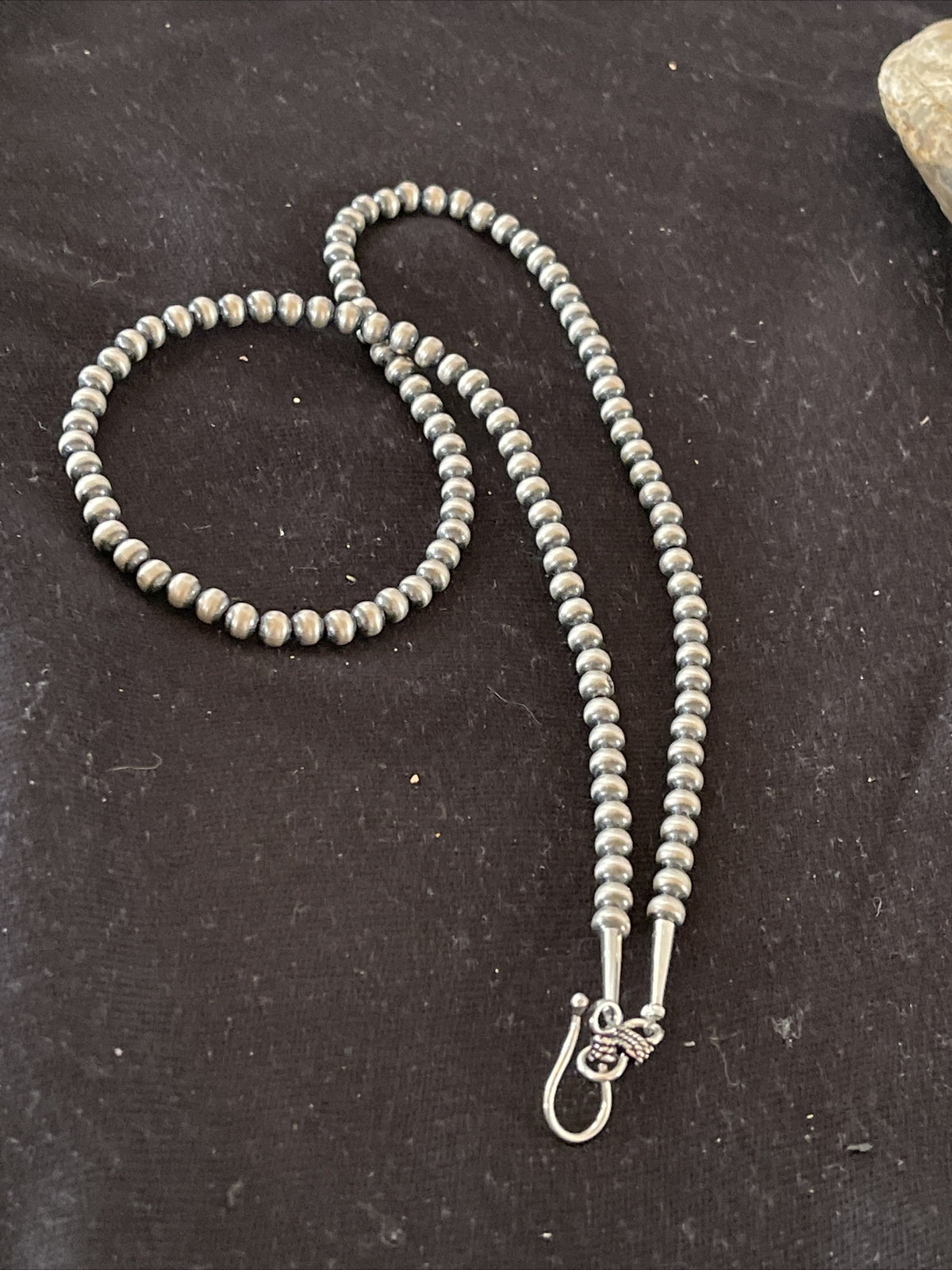 Native American 5mm Sterling Silver Beads Navajo 18" Hook & Eye Cone Necklace