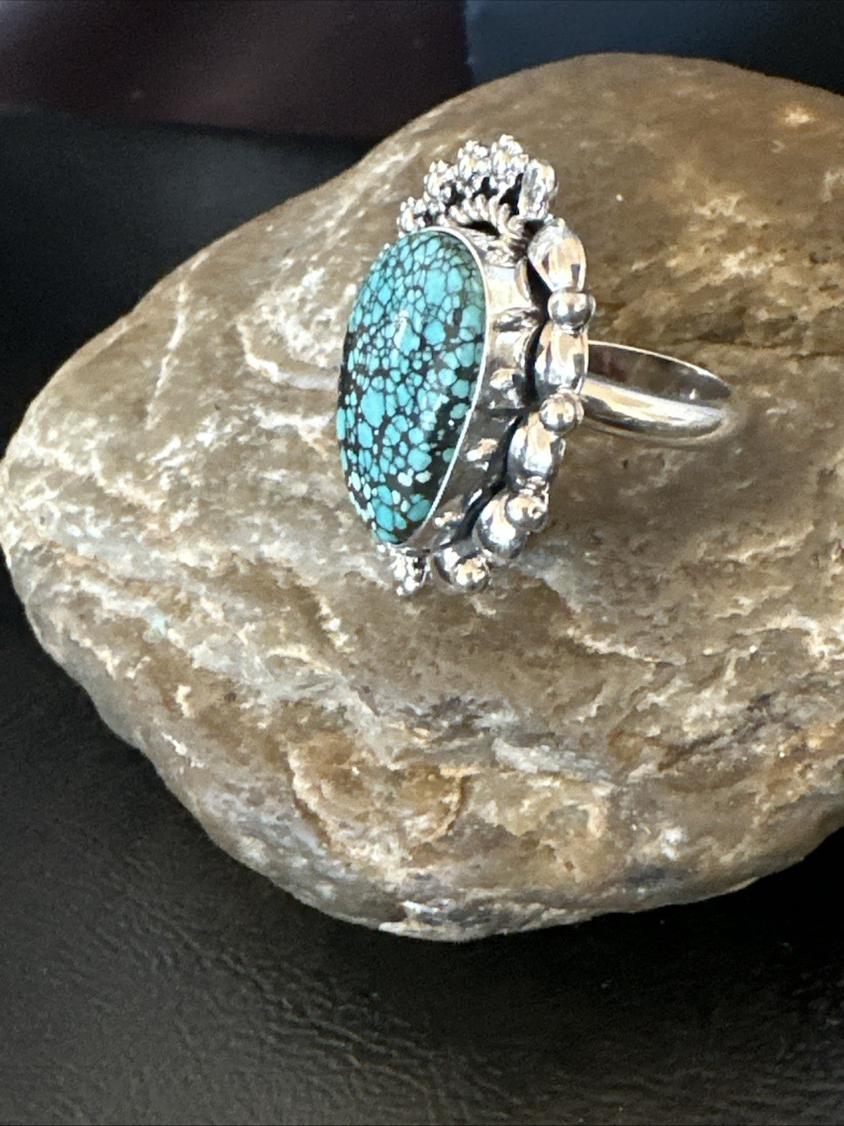 Navajo Sterling Silver Spiderweb Turquoise Ring Sz 8 19617