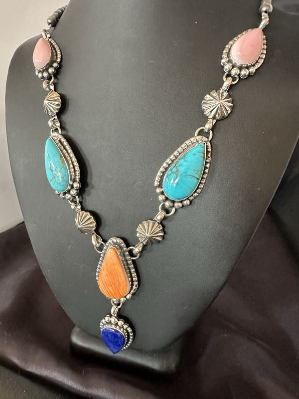 Multicolor Spiny Lapis Pendant Navajo Lariat Necklace 28" | Sterling Silver | Authentic Native American Handmade | 19439