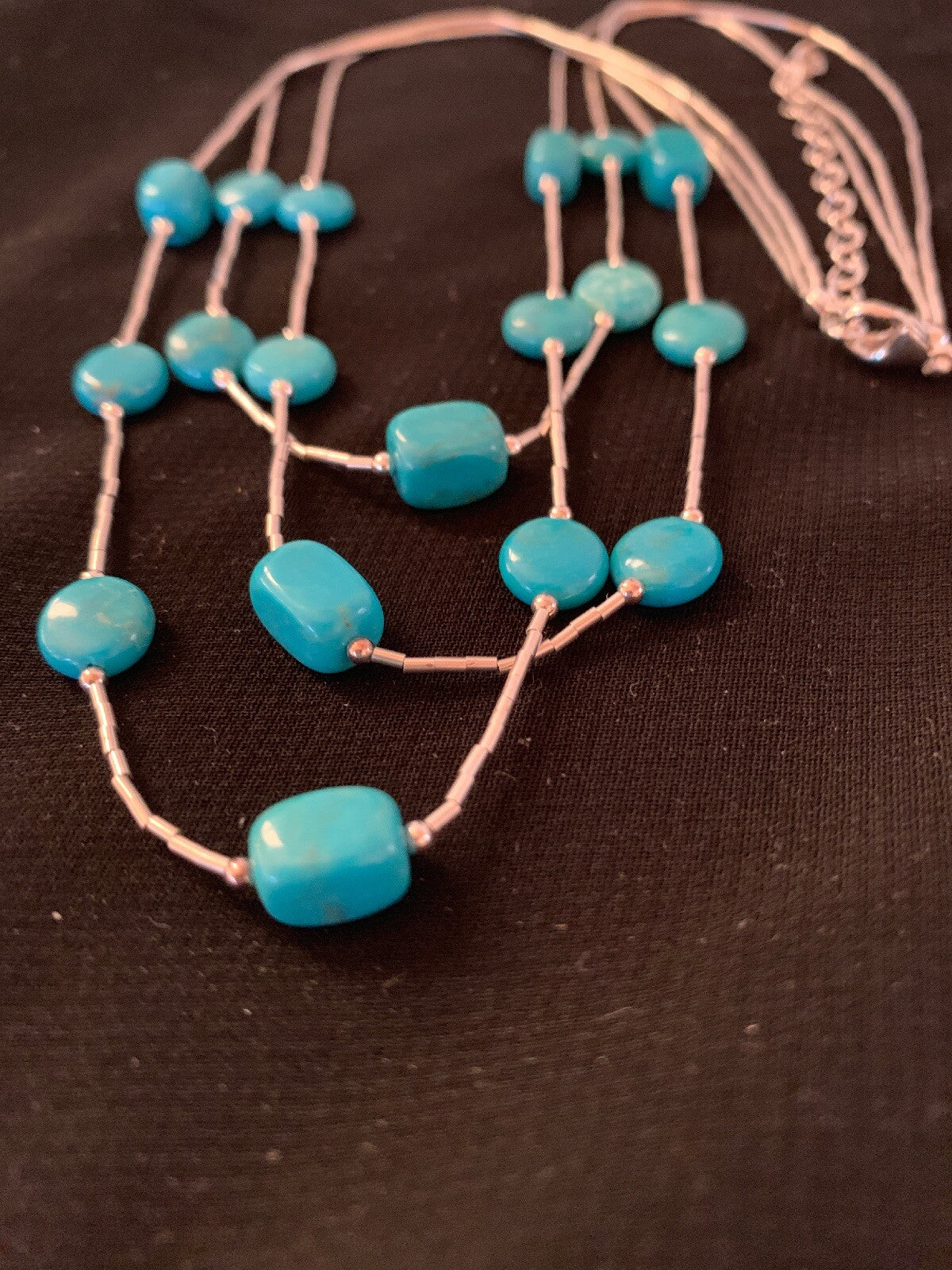Liquid Silver Heishi 3S Sterling Silver Tube Necklace Nugget Turquoise 03695