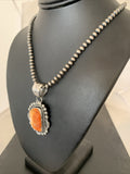 Navajo Pearls Orange Spiny Oyster Pendant Necklace | Sterling Silver | Authentic Native American Handmade | 00773