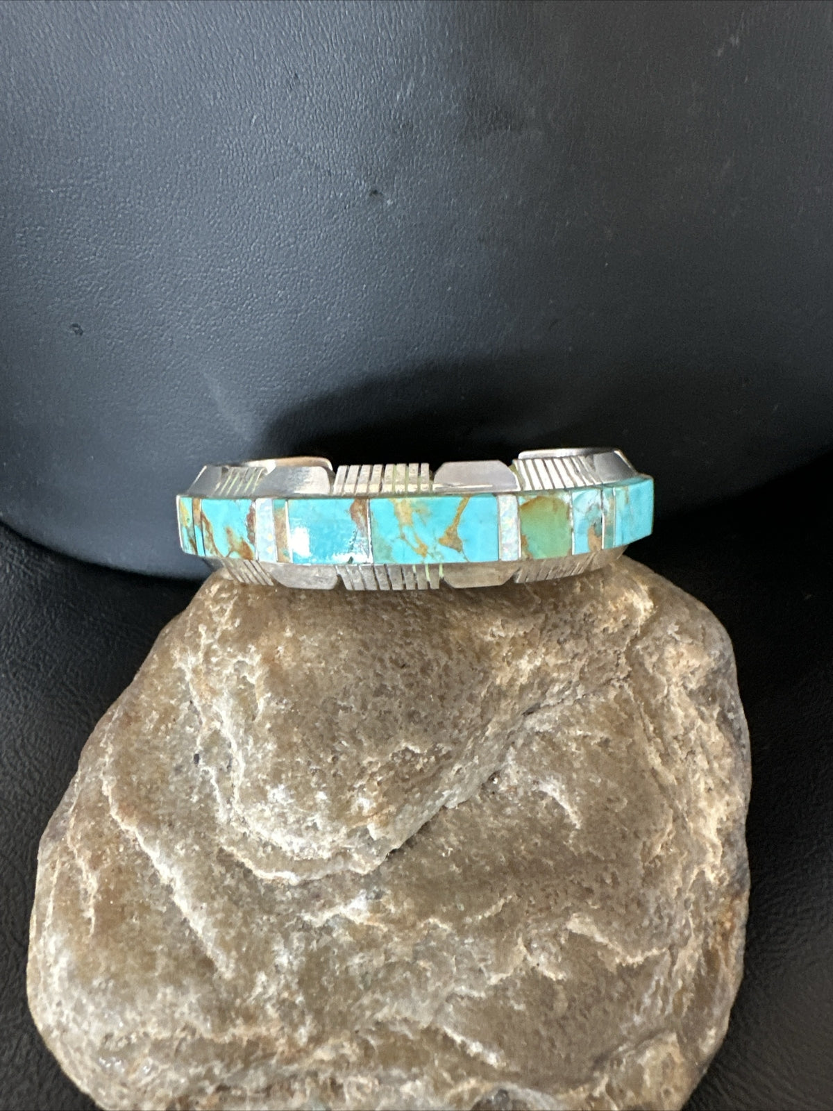 Blue Turquoise Opal Navajo Sterling Silver Cuff Inlay Bracelet 17958
