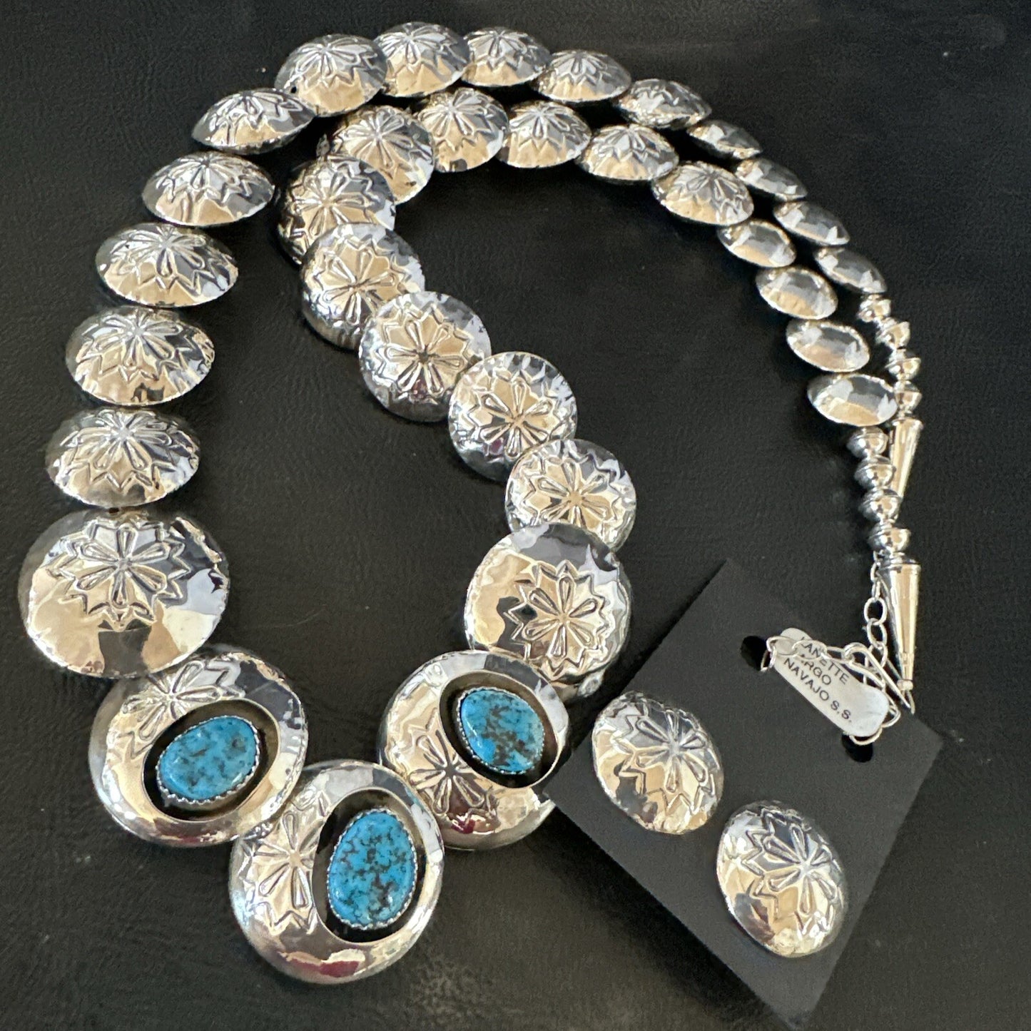 Kingman Turquoise Pillow Bead Navajo Sterling Silver Necklace Earrings 24" 17768