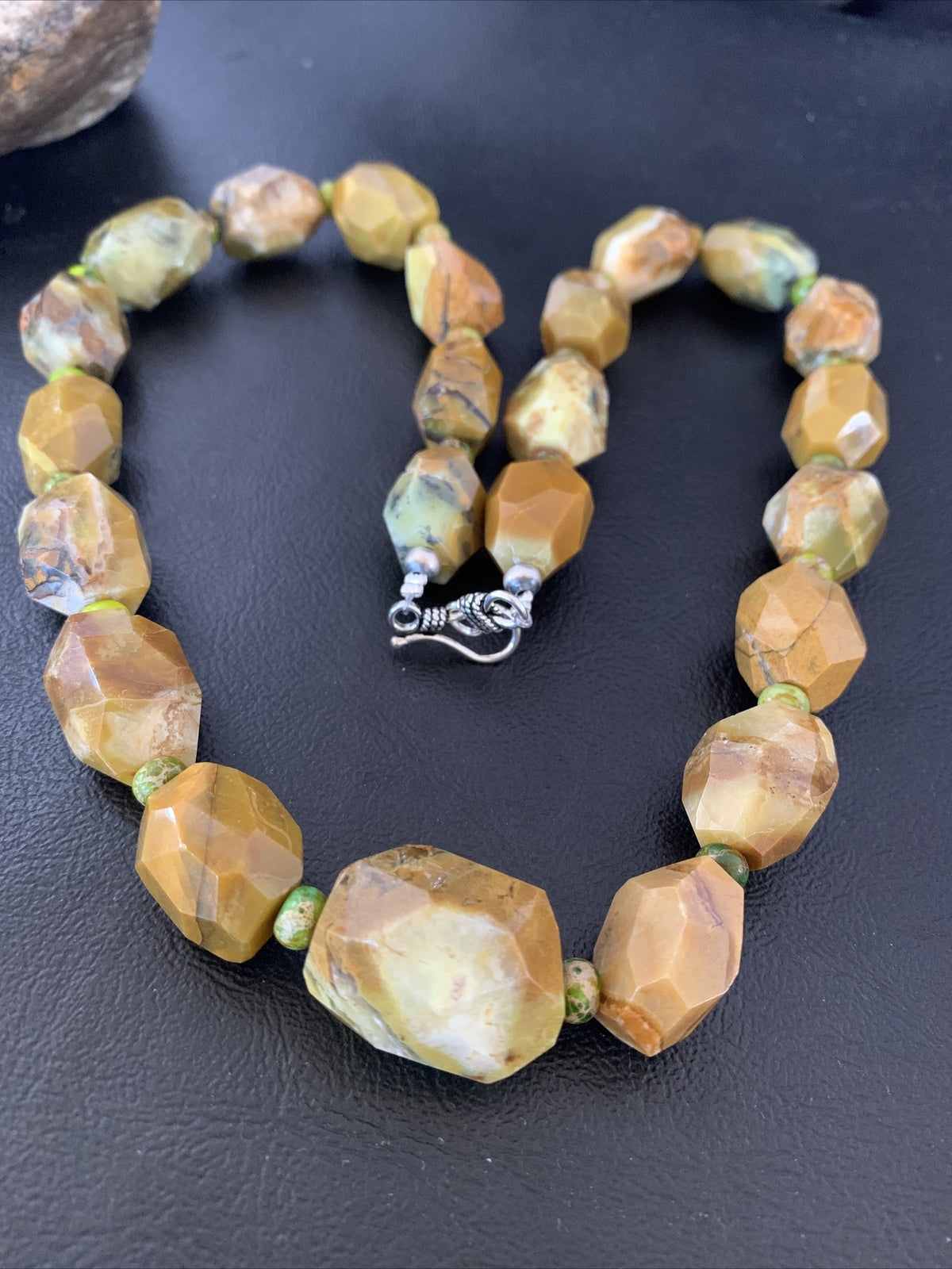 Green Nugget Turquoise Faceted Navajo Sterling Silver Necklace 21" 01494