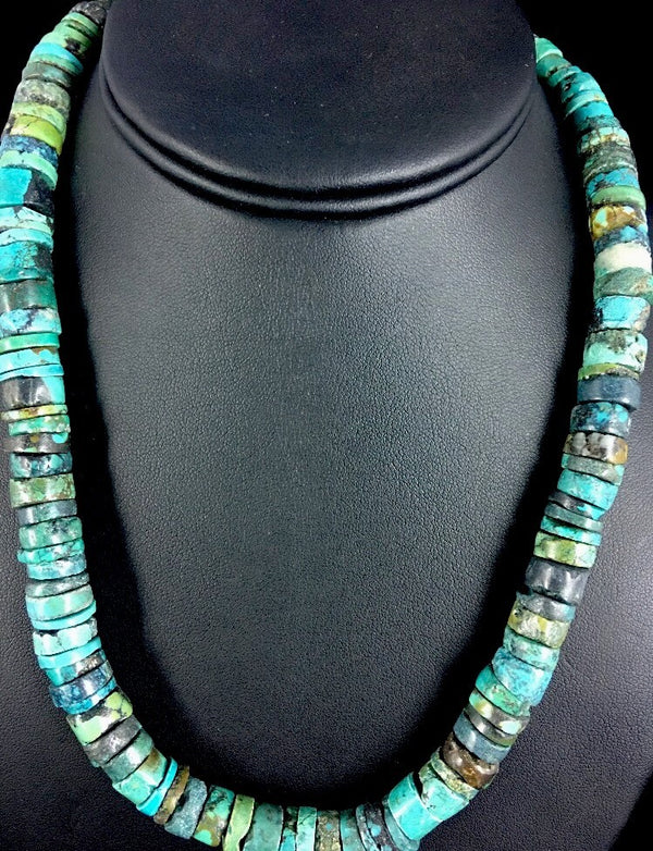 Turquoise Bead 8mm Heishi Navajo Necklace 20" | Sterling Silver | Authentic Native American Handmade | 1135