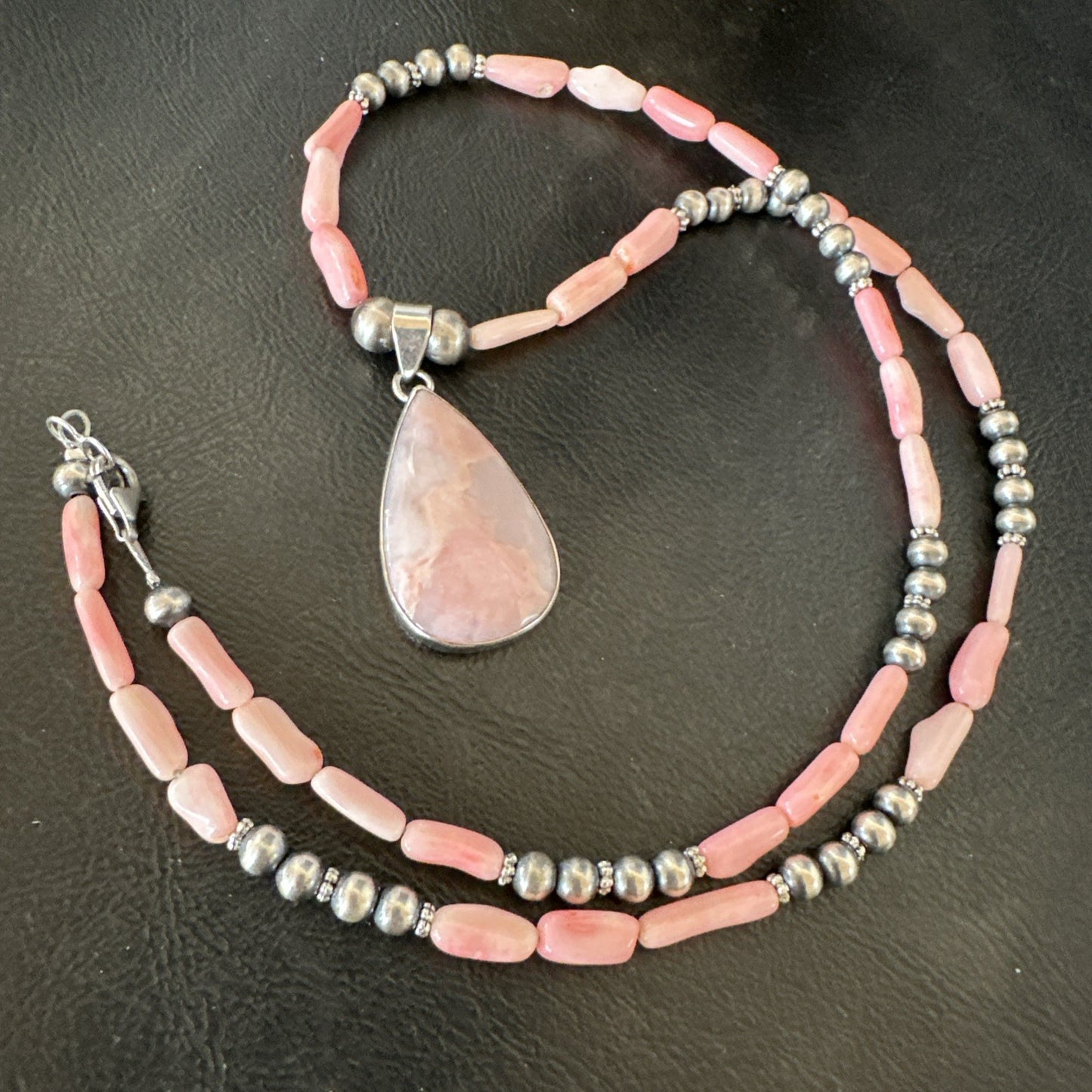 Southwestern Sterling Silver Pink Coral Bead Necklace Quartz Pendant 24" 19587
