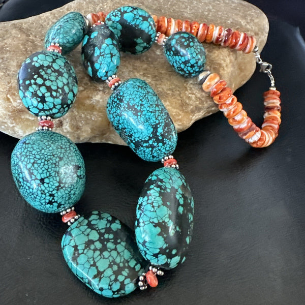 Blue Turquoise Red Spiny Chunky Navajo Necklace 22" | Sterling Silver | Authentic Native American Handmade | 19248
