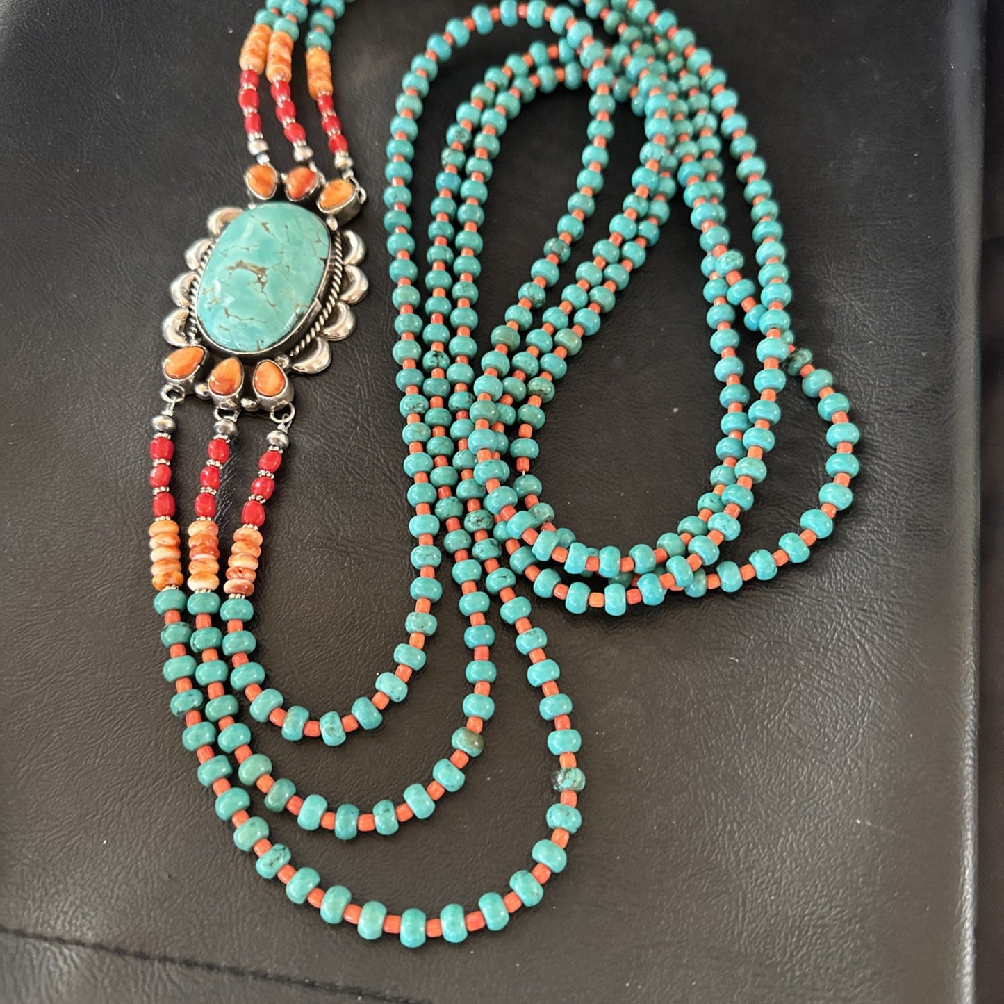 XL Statement Green Turquoise Spiny Navajo 3S Sterling Silver Necklace 34” 19676