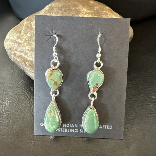 Green Royston Turquoise Navajo Dangle Earrings | Sterling Silver | Authentic Native American Handmade | 19405