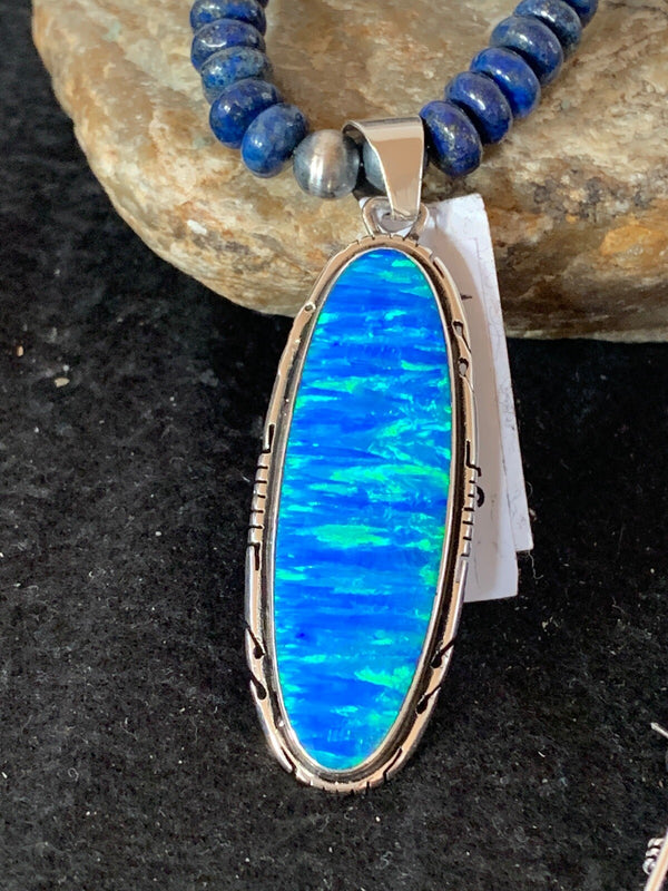 Opal Pendant Blue Lapis Turquoise Navajo Pearls Necklace | Sterling Silver | Authentic Native American Handmade | 04146