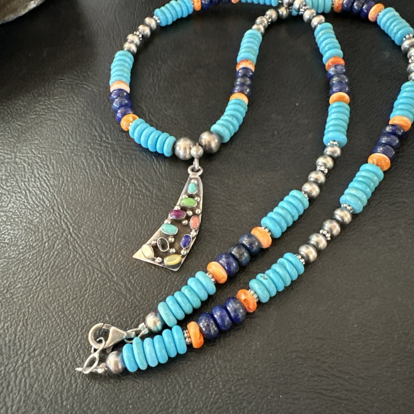 Multicolor Turquoise Spiny Navajo Sterling Silver Cluster Pendant Necklace 19650