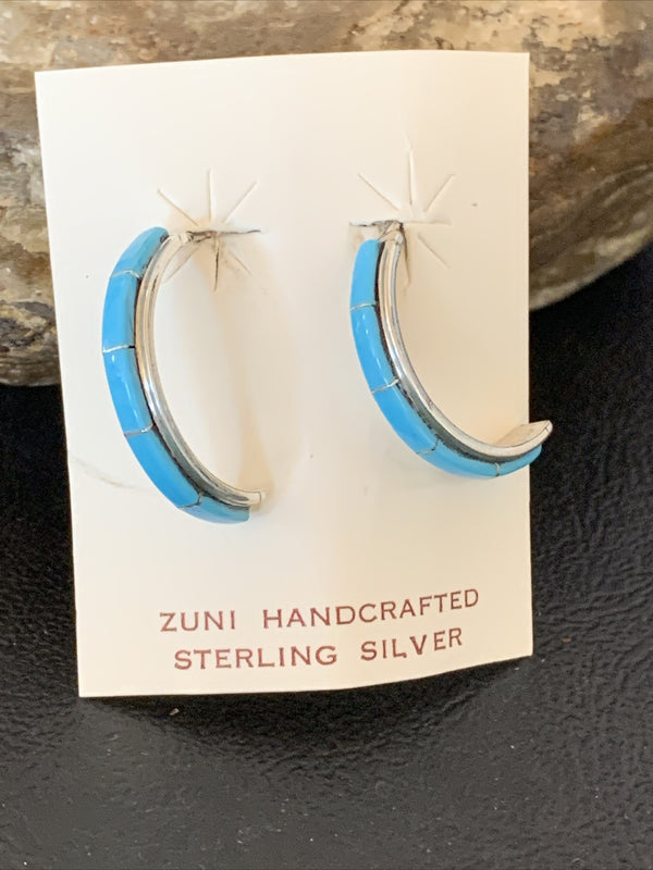 Sleeping Beauty Turquoise Zuni Inlay Earrings | Sterling Silver | Authentic Native American Handmade | 1610