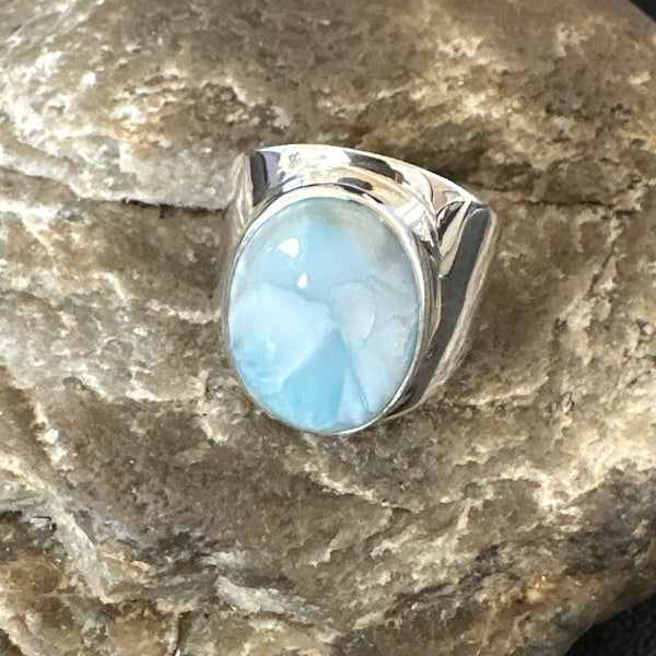 Women's Blue Larimar Navajo Ring Size 8 | Sterling Silver | Authentic Native American Handmade | 17671