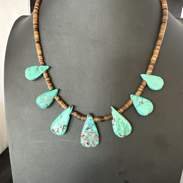 Southwestern Blue Turquoise Shell 20"Necklace | Sterling Silver | Authentic Native American Handmade | 19508