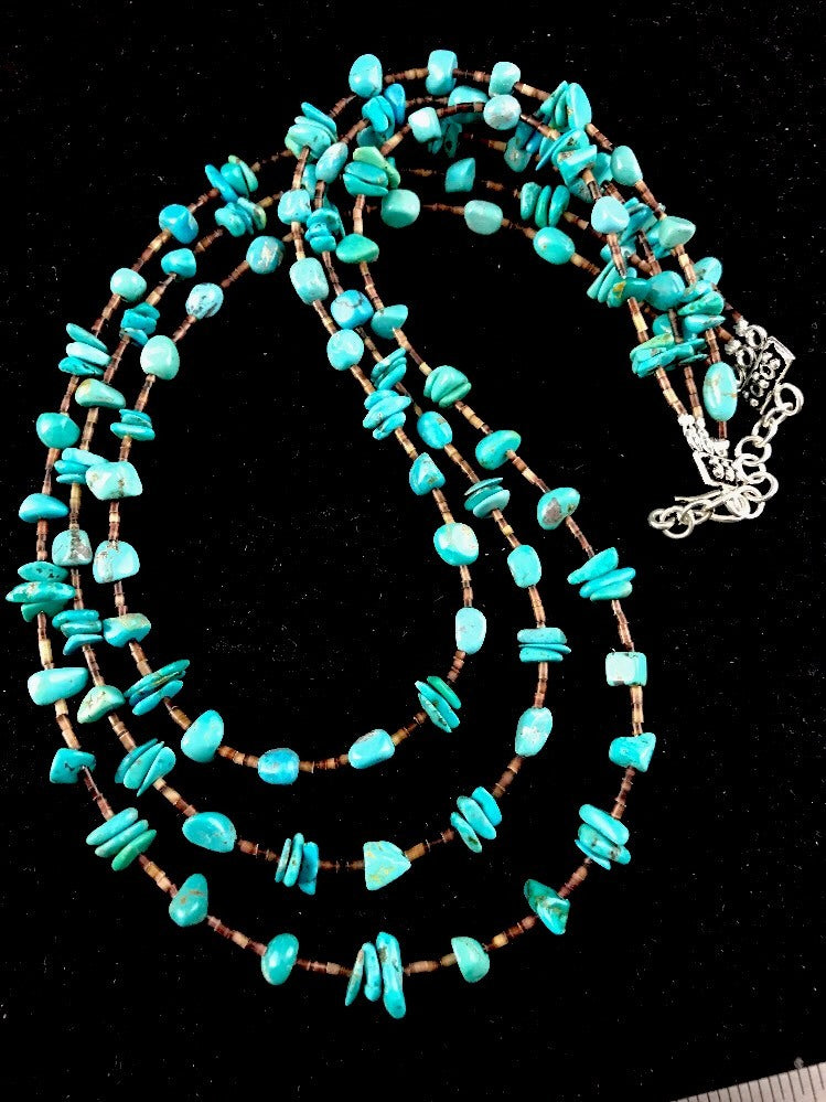 Native American Sterling Silver Nugget Turquoise Shell Necklace 3S 10088