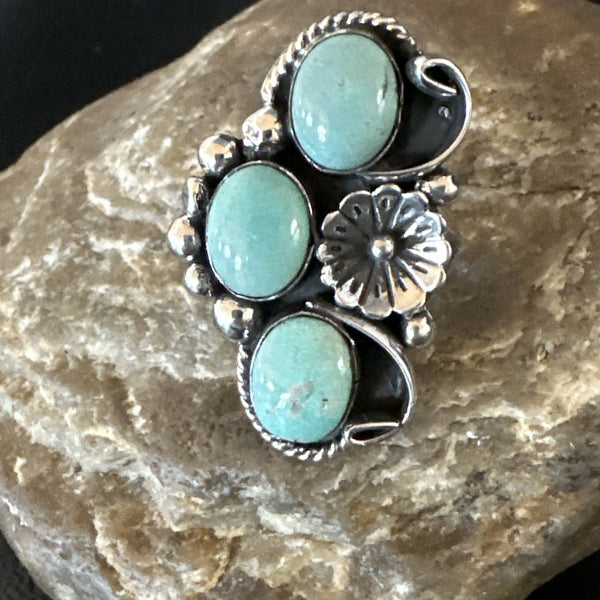 3 Besties Ring Green Turquoise Navajo Cluster Size 7.5 | Sterling Silver | Authentic Native American Handmade | 19159