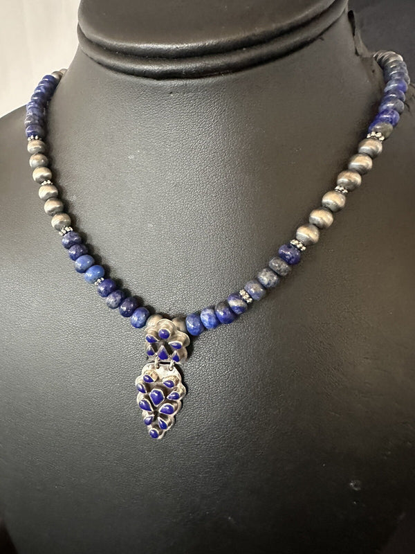 Men's Women's Blue Lapis Navajo Cluster Pendant Necklace 21" | Sterling Silver | Authentic Native American Handmade | 18340