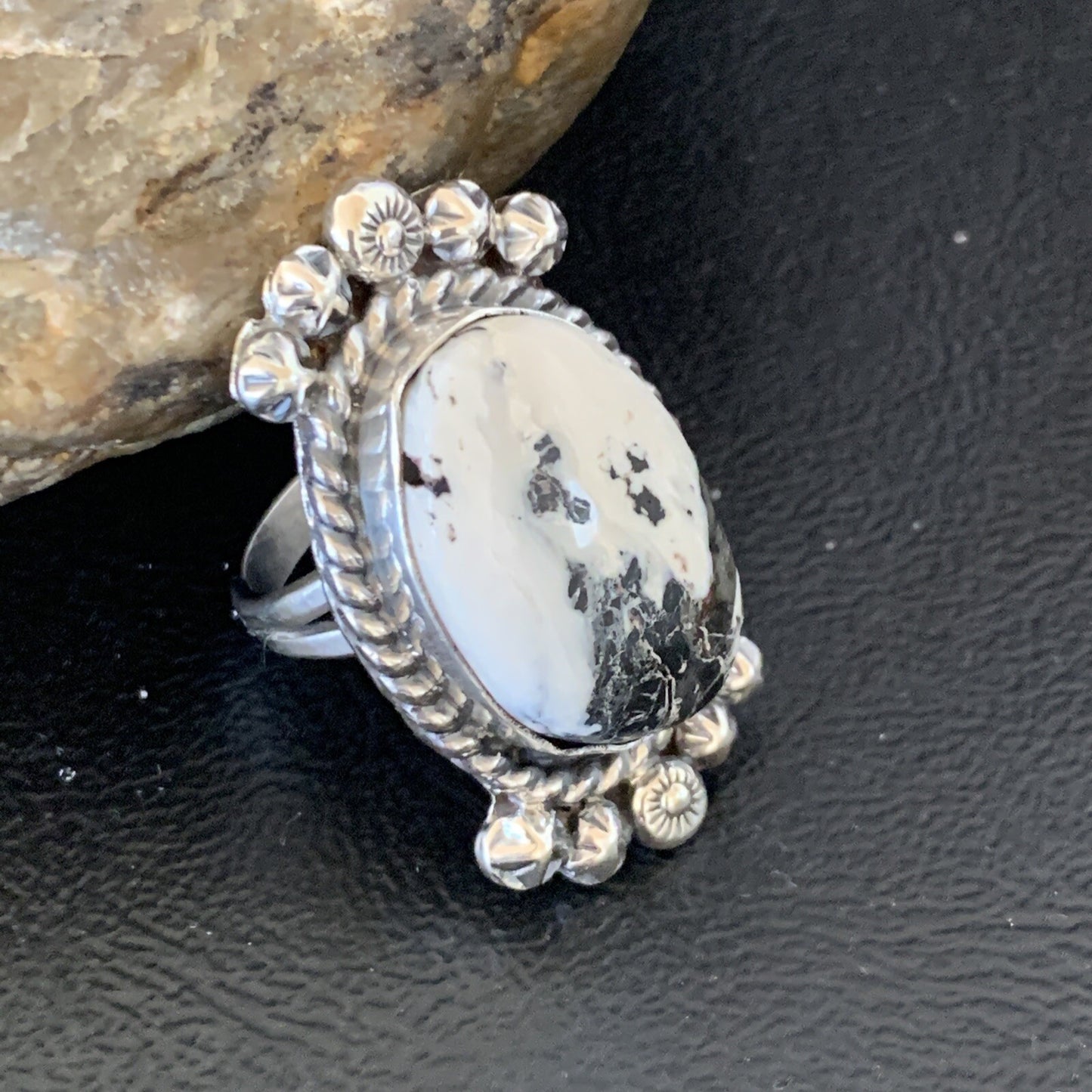 White Buffalo Turquoise Navajo Sterling Silver Ring Size 8 19254