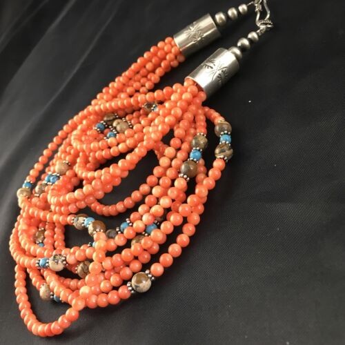 Navajo Orange Bamboo Coral Necklace 7 Strand Sterling Silver 19" 10173