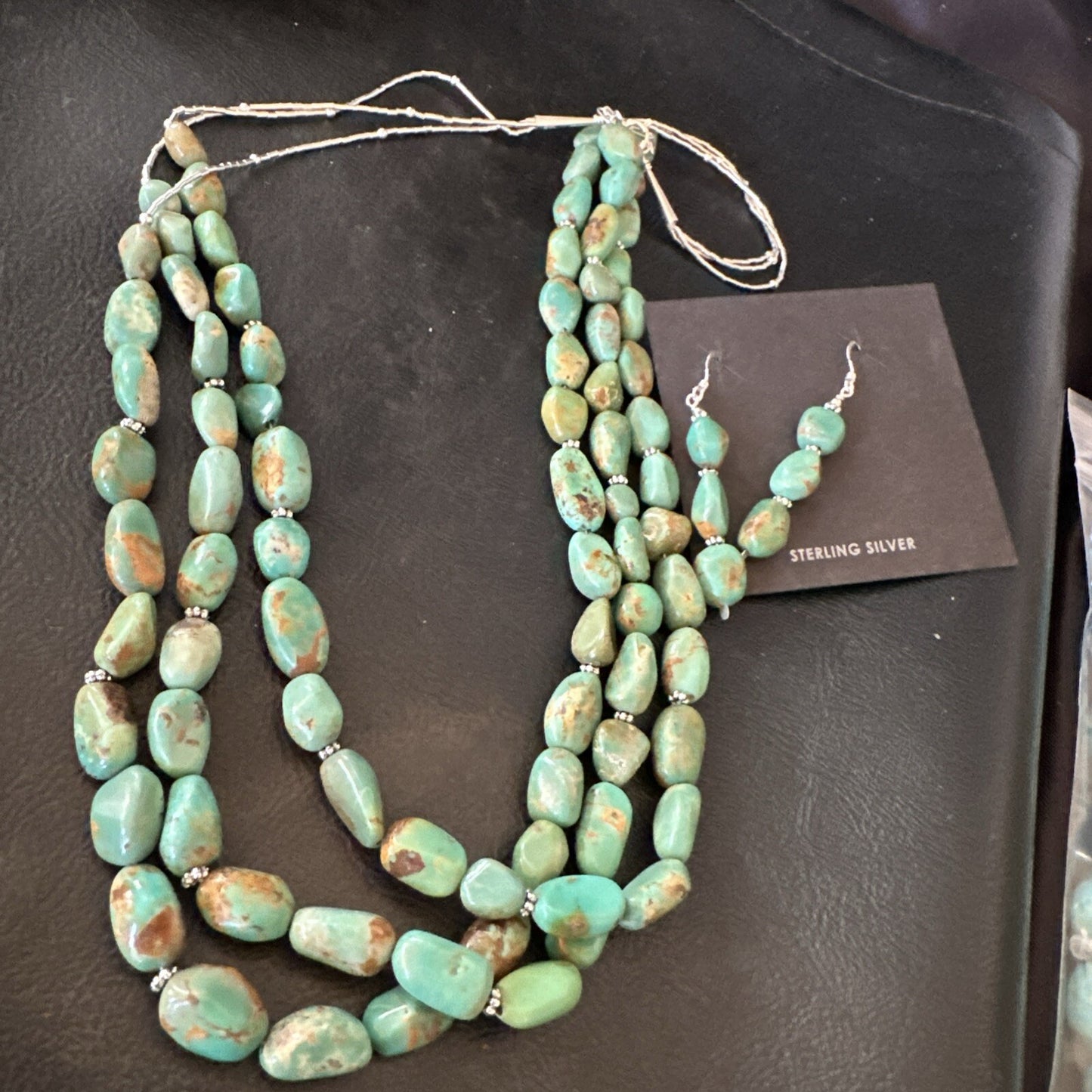 Green Turquoise Heishi 3S Navajo Sterling Silver 22" Necklace Earrings 18568