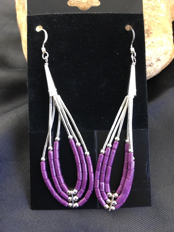 Purple Stone 3 Strand Heishi Liquid Dangle Earrings | Sterling Silver | Authentic Native American Handmade | 01985