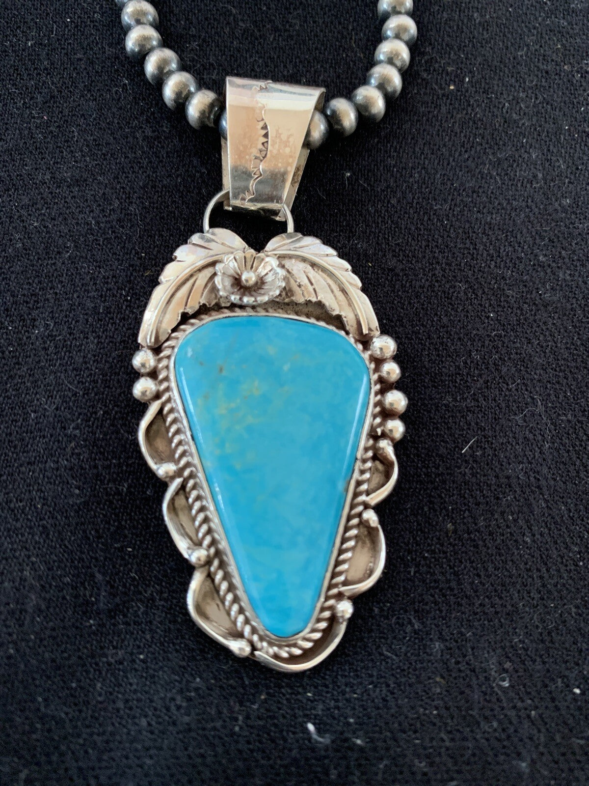 Blue Kingman Turquoise Pendant Navajo Pearls Sterling Silver Necklace 20" 00392
