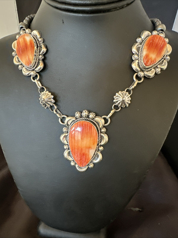 Orange Spiny Oyster Pendant Navajo Lariat Necklace 21" | Sterling Silver | Authentic Native American Handmade | 18627