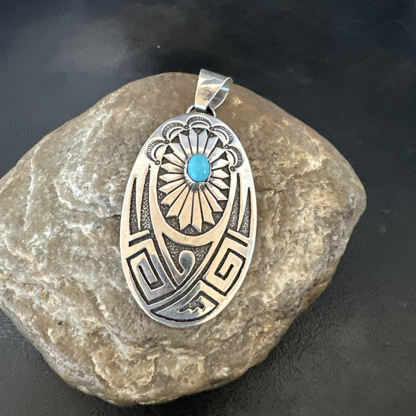 Hopi Native American Turquoise Pendant Stamped Sterling Silver 2.5” 19686