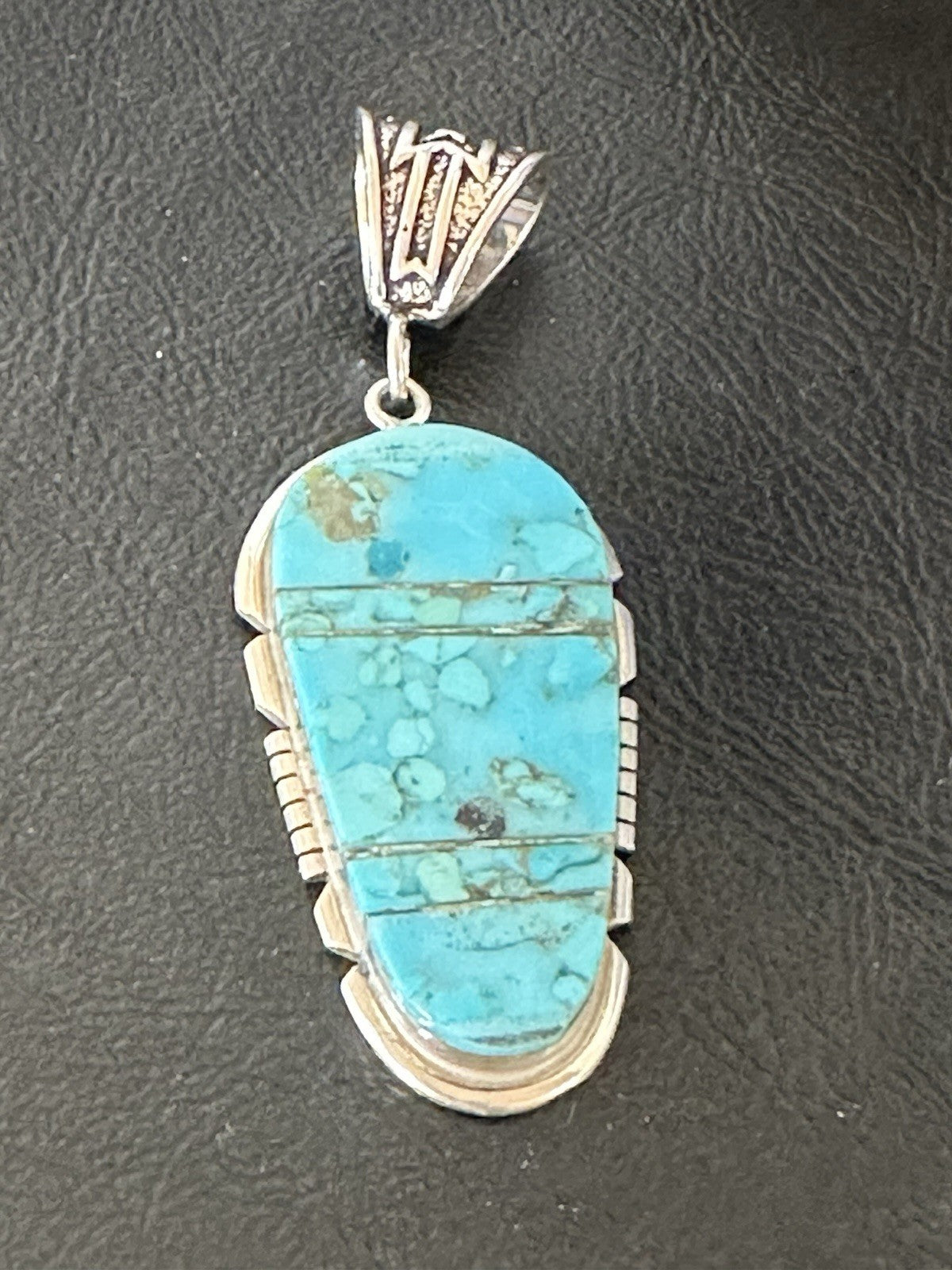Navajo B E Inlay 925 Sterling Silver Turquoise Pendant Cobblestone 2.5" 19398